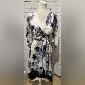 DKNY Navy Floral Balloon-Sleeve Faux-Wrap Midi Dress Size 2